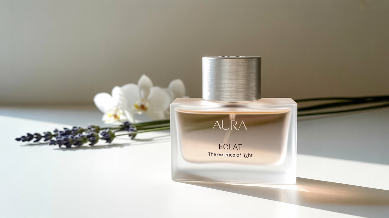 A finished perfume advertisement showing a sleek, frosted glass bottle surrounded by white orchids and lavender. The ad has text that reads 'AURA' at the top, and 'Éclat' with the tagline 'The Essence of Light' at the bottom.