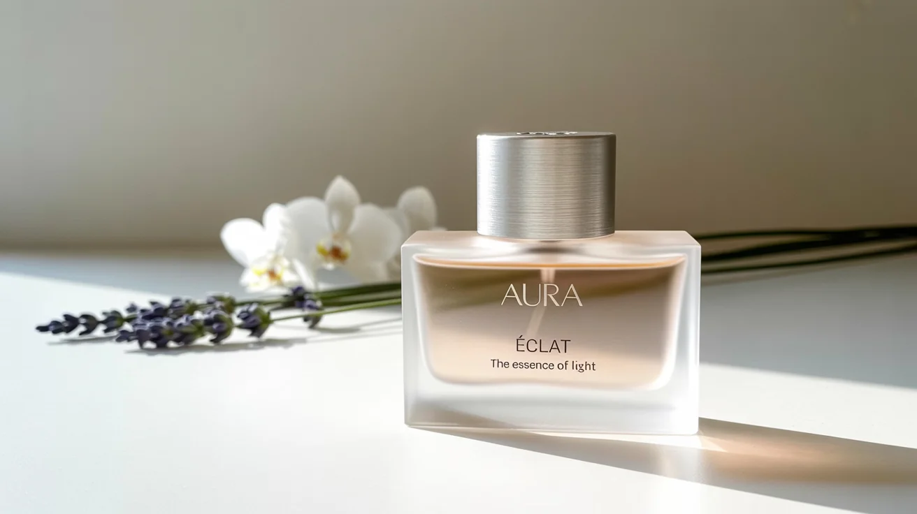 A finished perfume advertisement showing a sleek, frosted glass bottle surrounded by white orchids and lavender. The ad has text that reads 'AURA' at the top, and 'Éclat' with the tagline 'The Essence of Light' at the bottom.