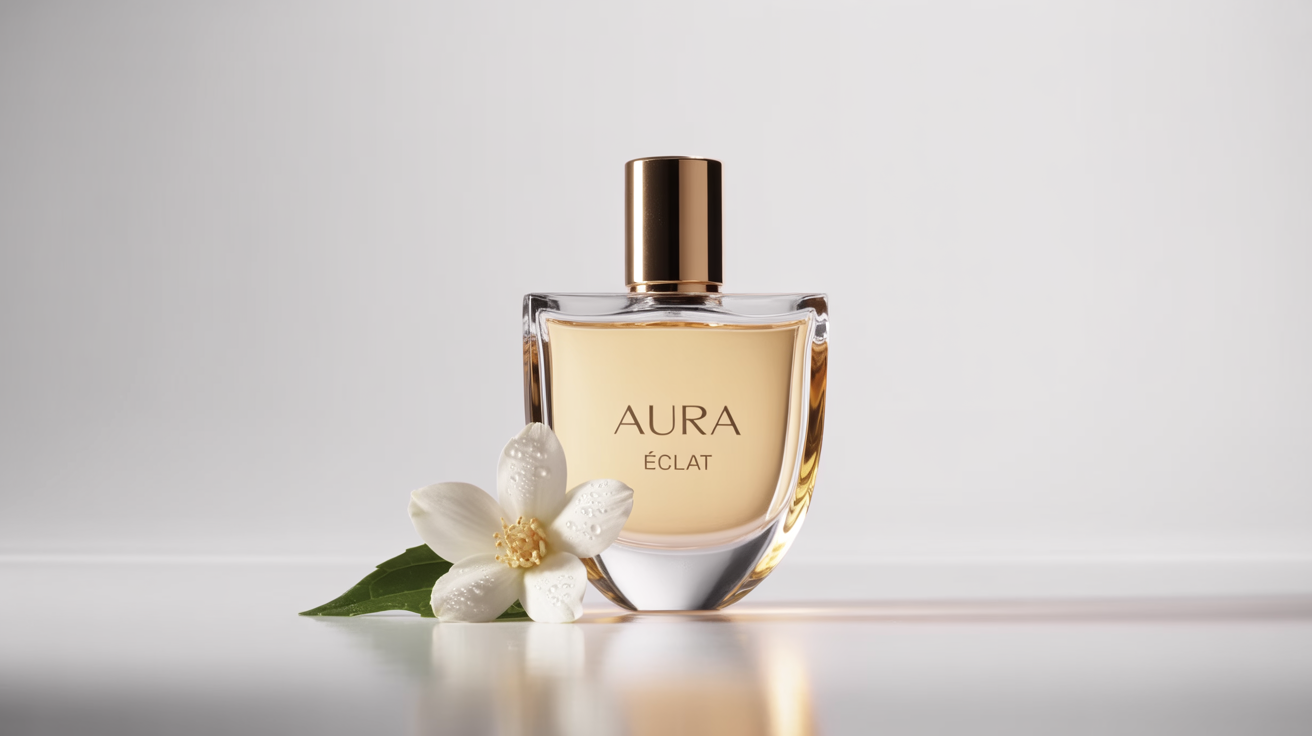 A luxurious, geometric perfume bottle with a gold cap, labeled 'AURA Éclat', sitting next to a single white jasmine flower on a clean white background, representing a perfume ad design.
