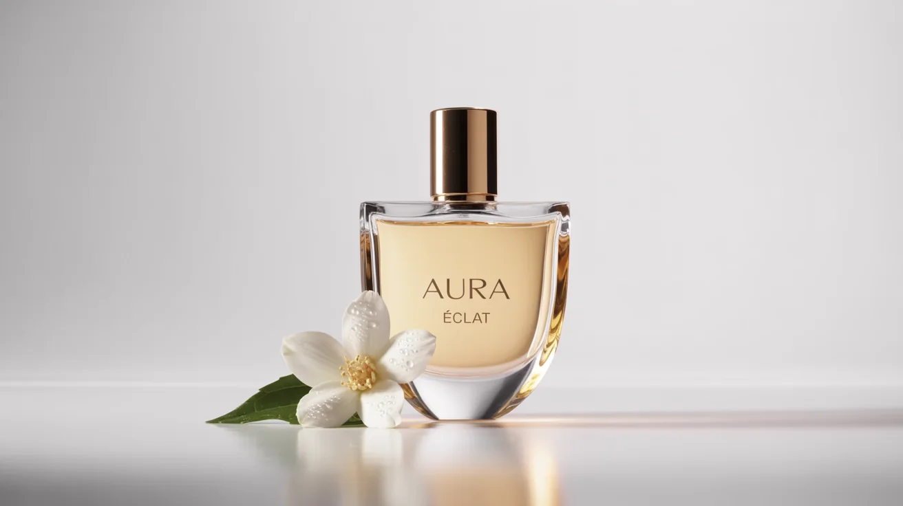 A luxurious, geometric perfume bottle with a gold cap, labeled 'AURA Éclat', sitting next to a single white jasmine flower on a clean white background, representing a perfume ad design.