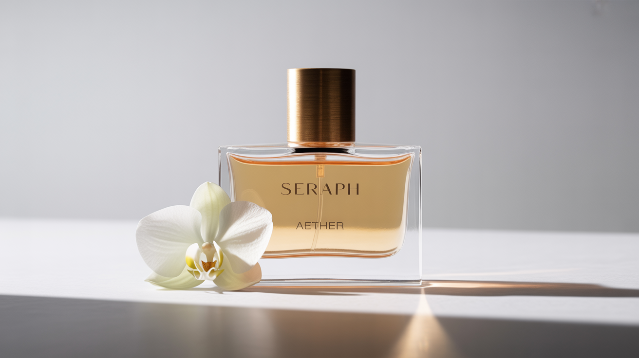 A minimalist perfume ad mockup featuring a geometric glass bottle with a gold cap on a white background. The bottle is labeled with the fictional name 'SERAPH AETHER'. A single white orchid lies next to it.