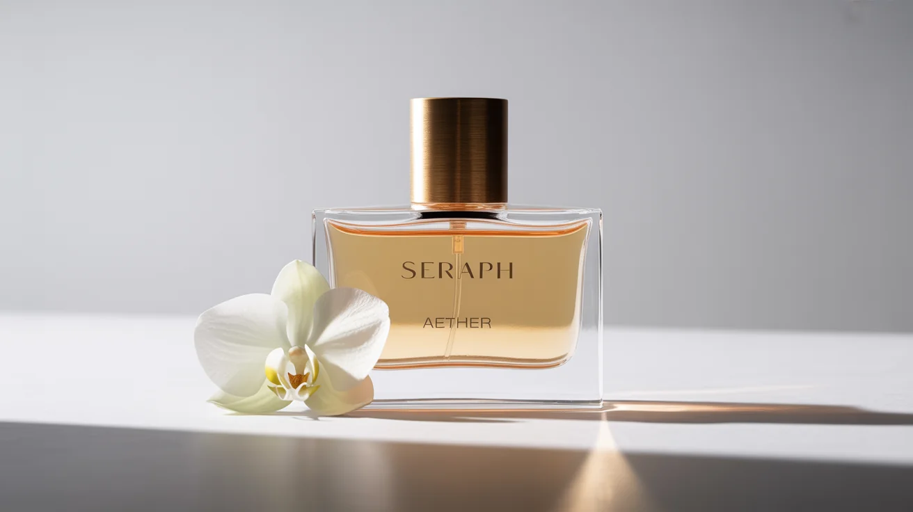 A minimalist perfume ad mockup featuring a geometric glass bottle with a gold cap on a white background. The bottle is labeled with the fictional name 'SERAPH AETHER'. A single white orchid lies next to it.