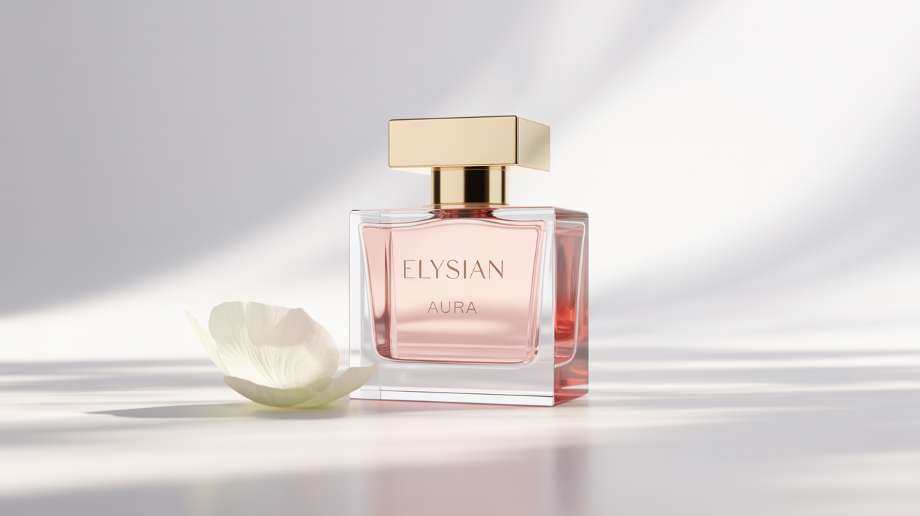 An elegant perfume bottle with a gold cap and pink liquid, branded 'ELYSIAN' and 'AURA', sits next to a single white rose petal on a clean white background, representing a perfume ad mockup.