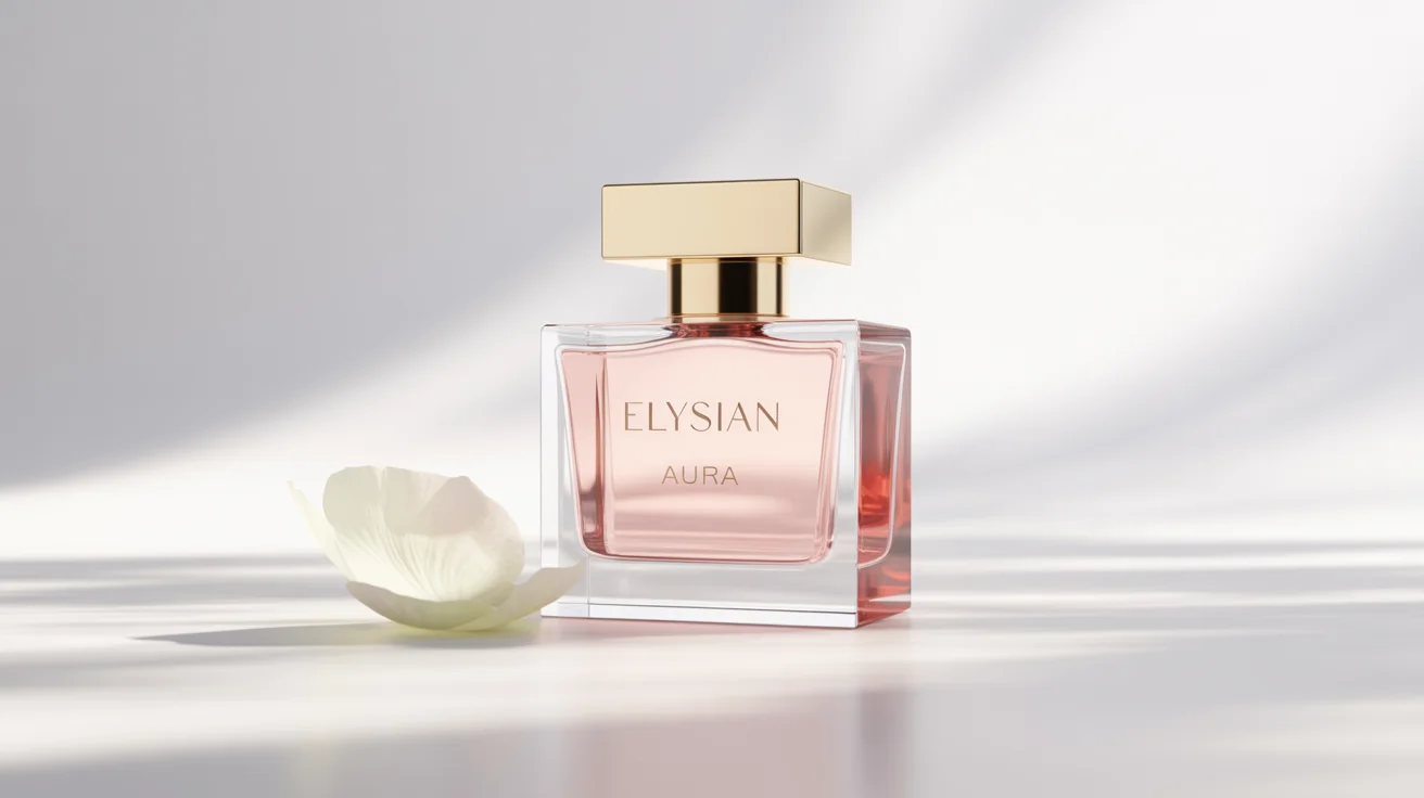 An elegant perfume bottle with a gold cap and pink liquid, branded 'ELYSIAN' and 'AURA', sits next to a single white rose petal on a clean white background, representing a perfume ad mockup.