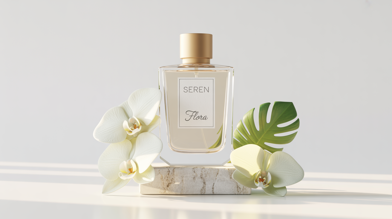 A perfume ad design mockup showing a sleek glass perfume bottle with a gold cap, set against a white background with white orchid petals and a green leaf, with the brand name 'SEREN' and fragrance name 'FLORA'.