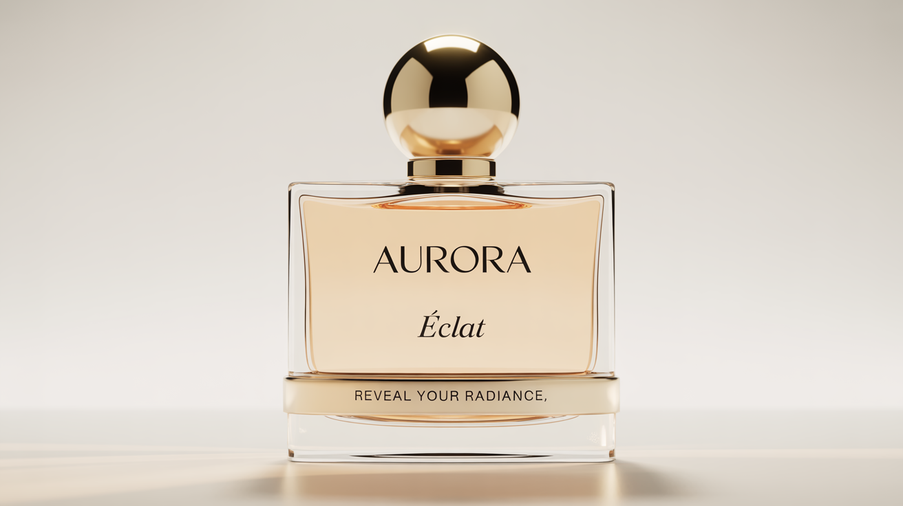 A professional perfume advertisement mockup featuring a modern, rectangular glass bottle with gold liquid and a spherical gold cap, centered on a pure white background. The bottle is labeled with the brand name 'AURORA' and the fragrance name 'ÉCLAT'.