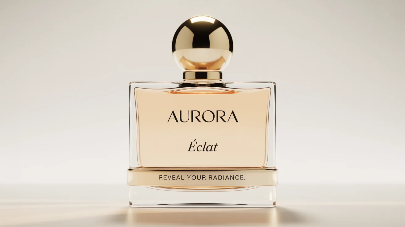A professional perfume advertisement mockup featuring a modern, rectangular glass bottle with gold liquid and a spherical gold cap, centered on a pure white background. The bottle is labeled with the brand name 'AURORA' and the fragrance name 'ÉCLAT'.