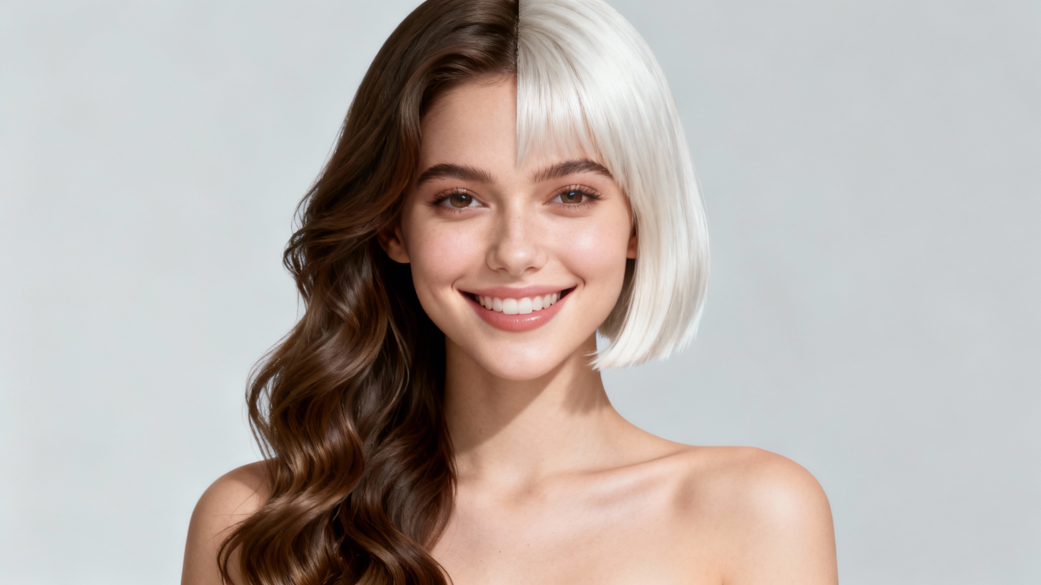 A woman's face is shown with two different hairstyles digitally split down the middle: long brunette hair on one side and a short platinum blonde bob on the other, demonstrating a hairstyle try-on feature.