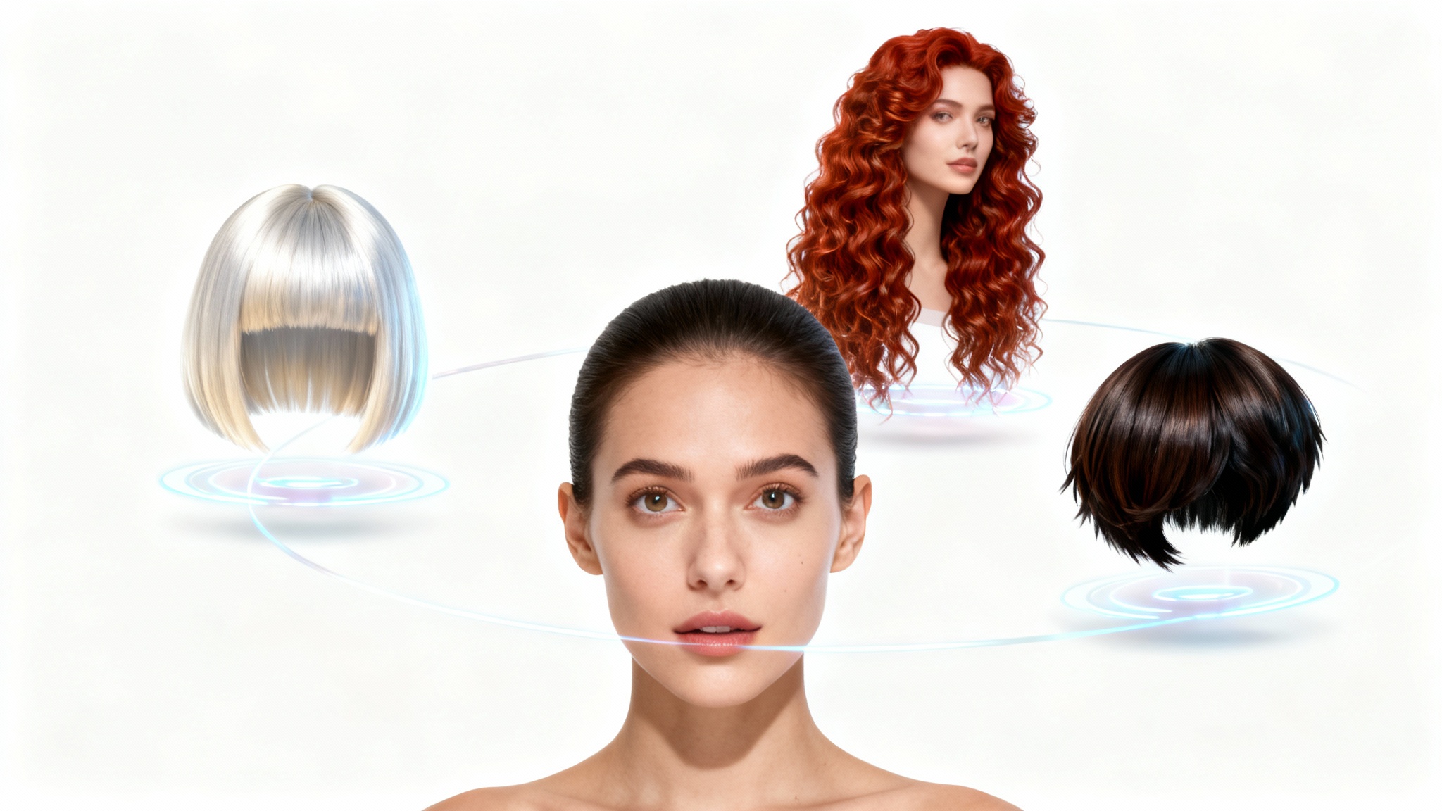 A woman with her hair pulled back looks at the camera while three different, realistic hairstyles float around her head, representing a virtual hairstyle try-on service.