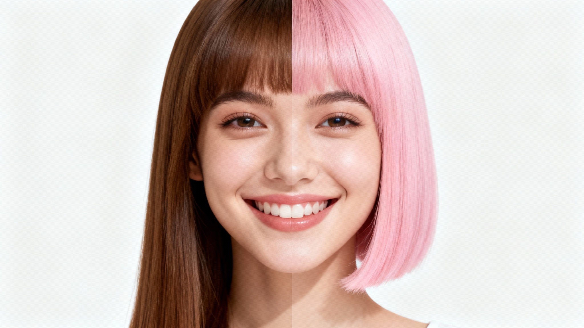 A split image of a woman trying on a new hairstyle. The left side shows her with long brown hair, and the right side shows her with a short pink bob, representing a virtual hairstyle try-on.