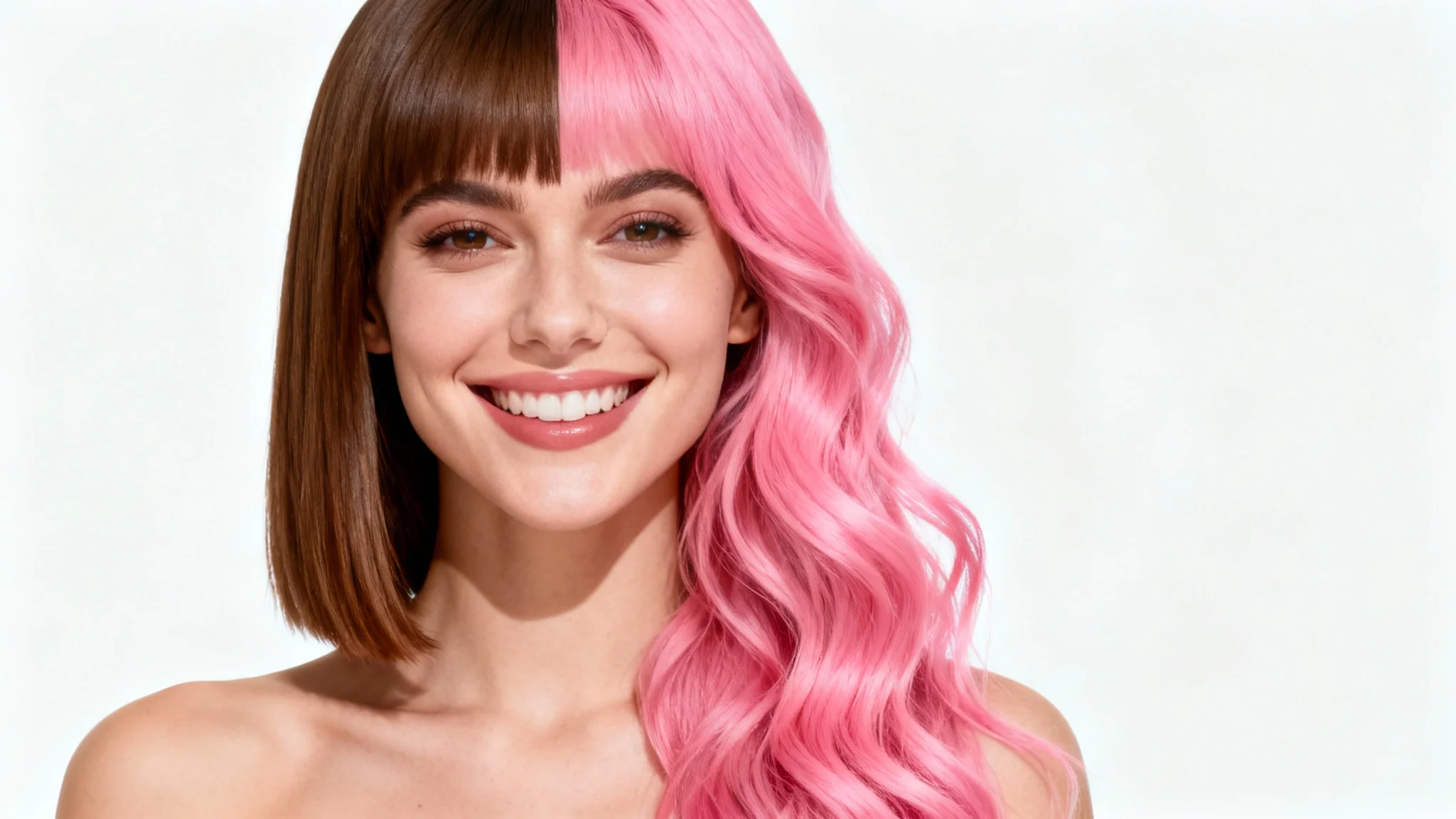 A woman shown in a split-view portrait to demonstrate a hairstyle try-on. On the left, she has straight brown hair, and on the right, she has long, wavy pink hair.
