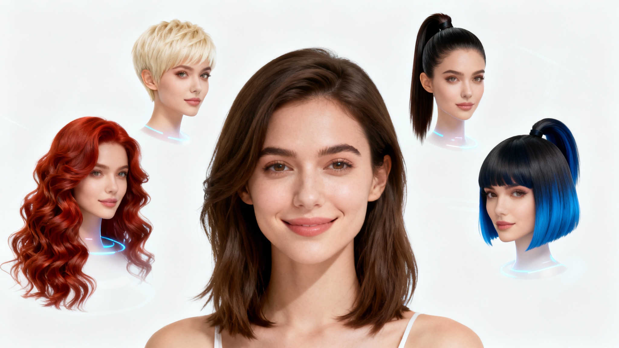 A central portrait of a woman with shoulder-length hair, surrounded by four bubbles showing her with different hairstyles, representing a virtual hairstyle try-on tool.