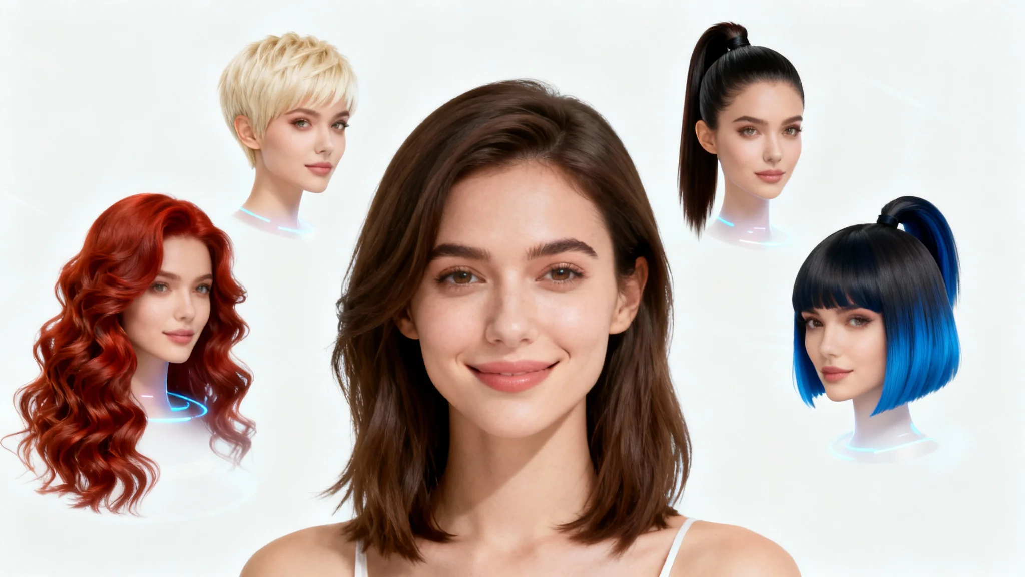 A central portrait of a woman with shoulder-length hair, surrounded by four bubbles showing her with different hairstyles, representing a virtual hairstyle try-on tool.