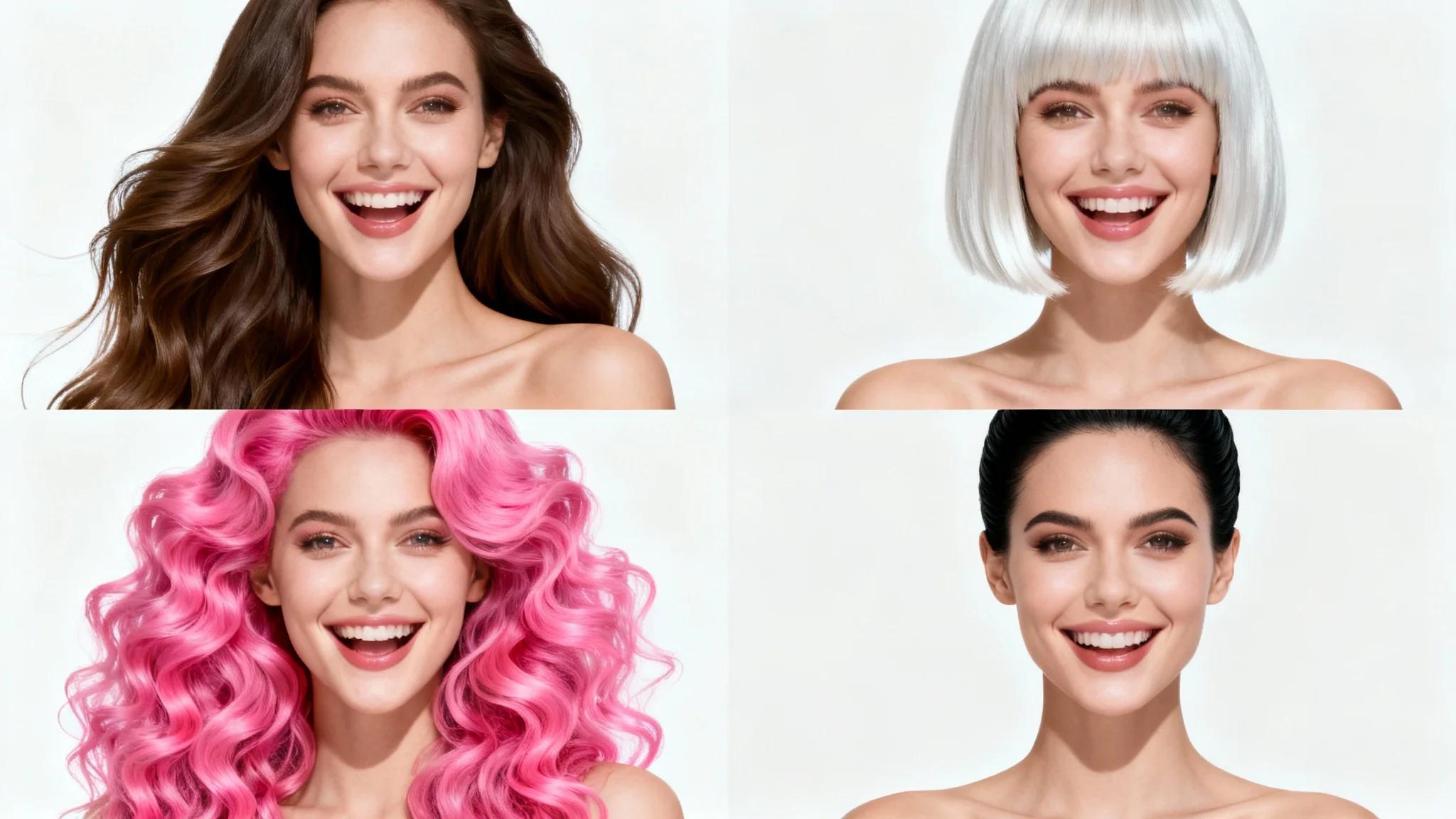 A four-quadrant image showing the same woman trying on four different hairstyles: long brunette waves, a platinum blonde bob, curly pink hair, and a black updo, all against a white background.