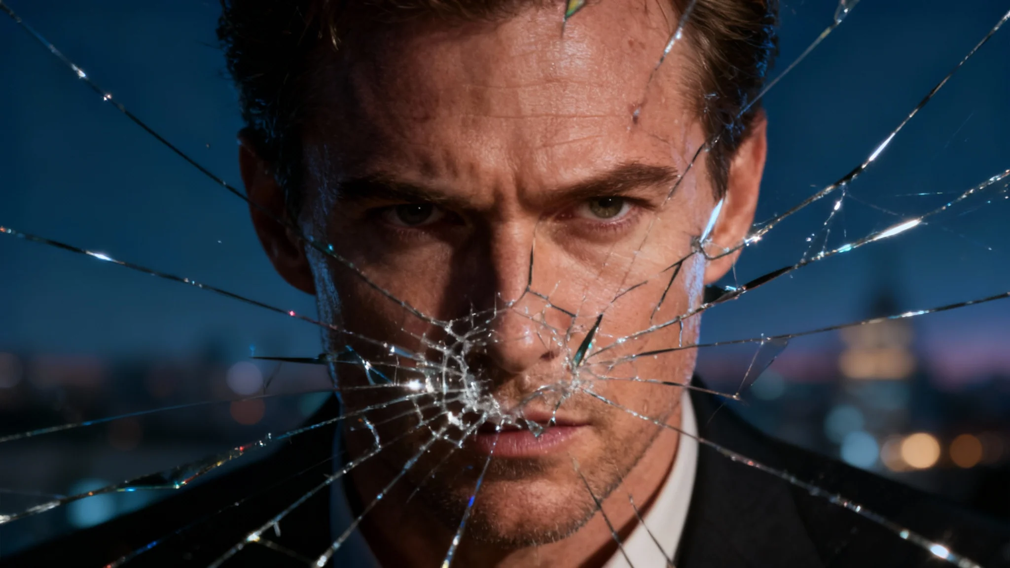 A dramatic and realistic close-up photo of a person's face viewed through a shattered glass effect, with sharp cracks and light reflections creating a fractured, powerful, and artistic look.