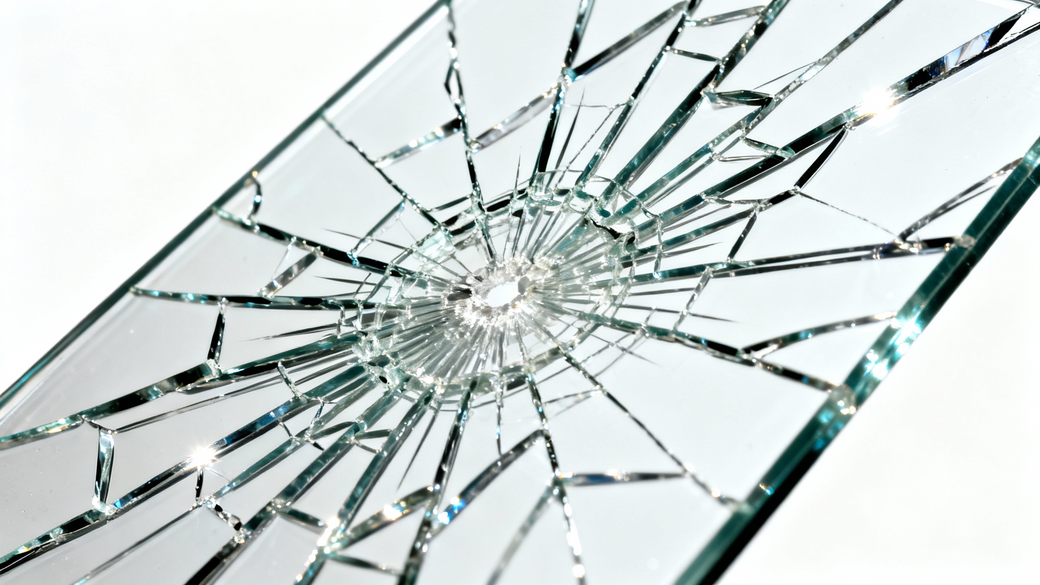 A photorealistic mockup of a shattered glass overlay, showing a complex network of cracks radiating from a central point on a clear glass pane, isolated against a solid white background.