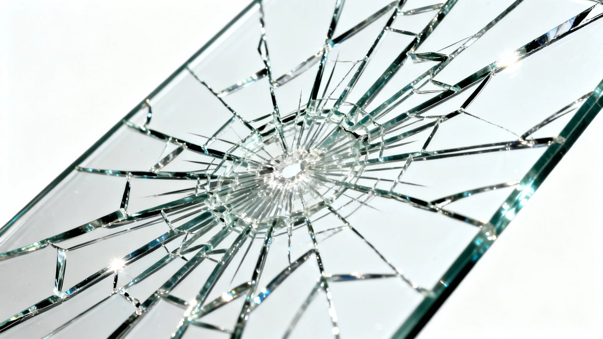 A photorealistic mockup of a shattered glass overlay, showing a complex network of cracks radiating from a central point on a clear glass pane, isolated against a solid white background.