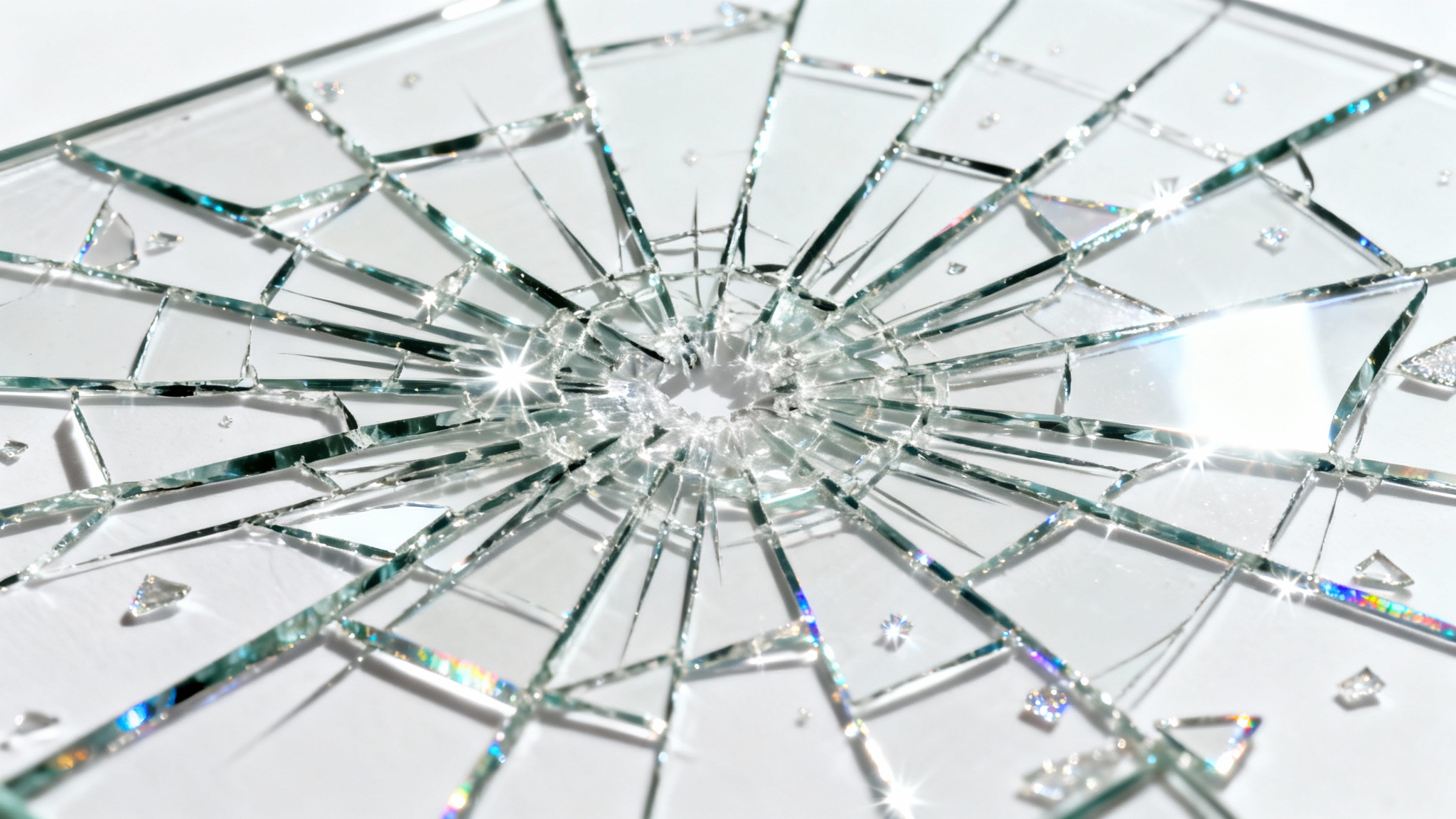 A photorealistic image of a sheet of shattered glass against a white background, with cracks radiating from a central point, creating a high-contrast texture overlay.
