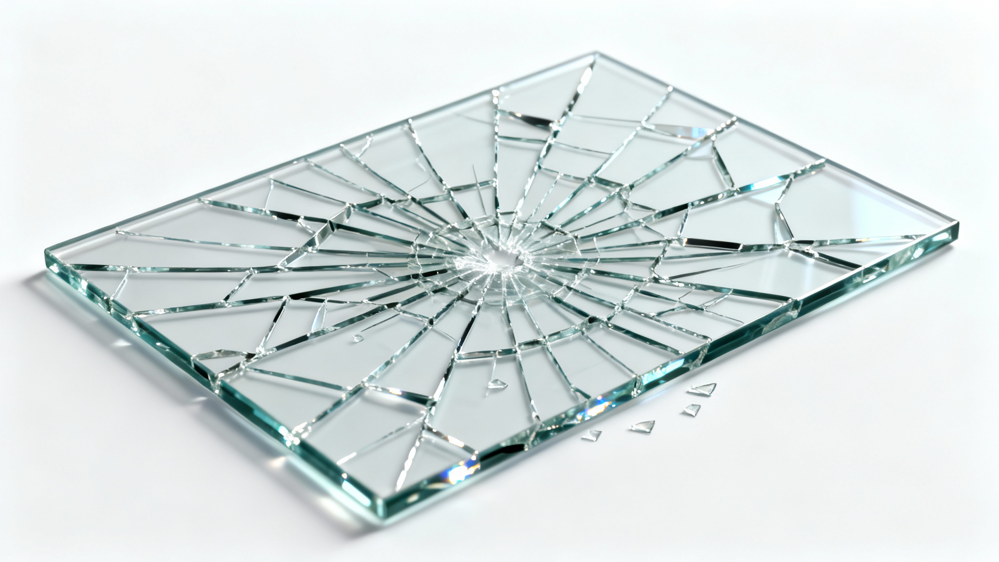 A photorealistic image of a flat pane of glass completely shattered with intricate cracks, presented as a texture overlay against a clean white background.