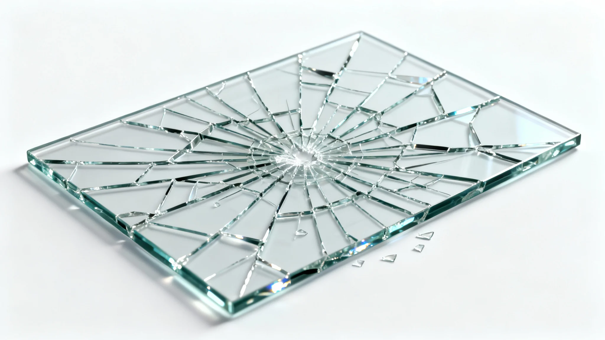 A photorealistic image of a flat pane of glass completely shattered with intricate cracks, presented as a texture overlay against a clean white background.