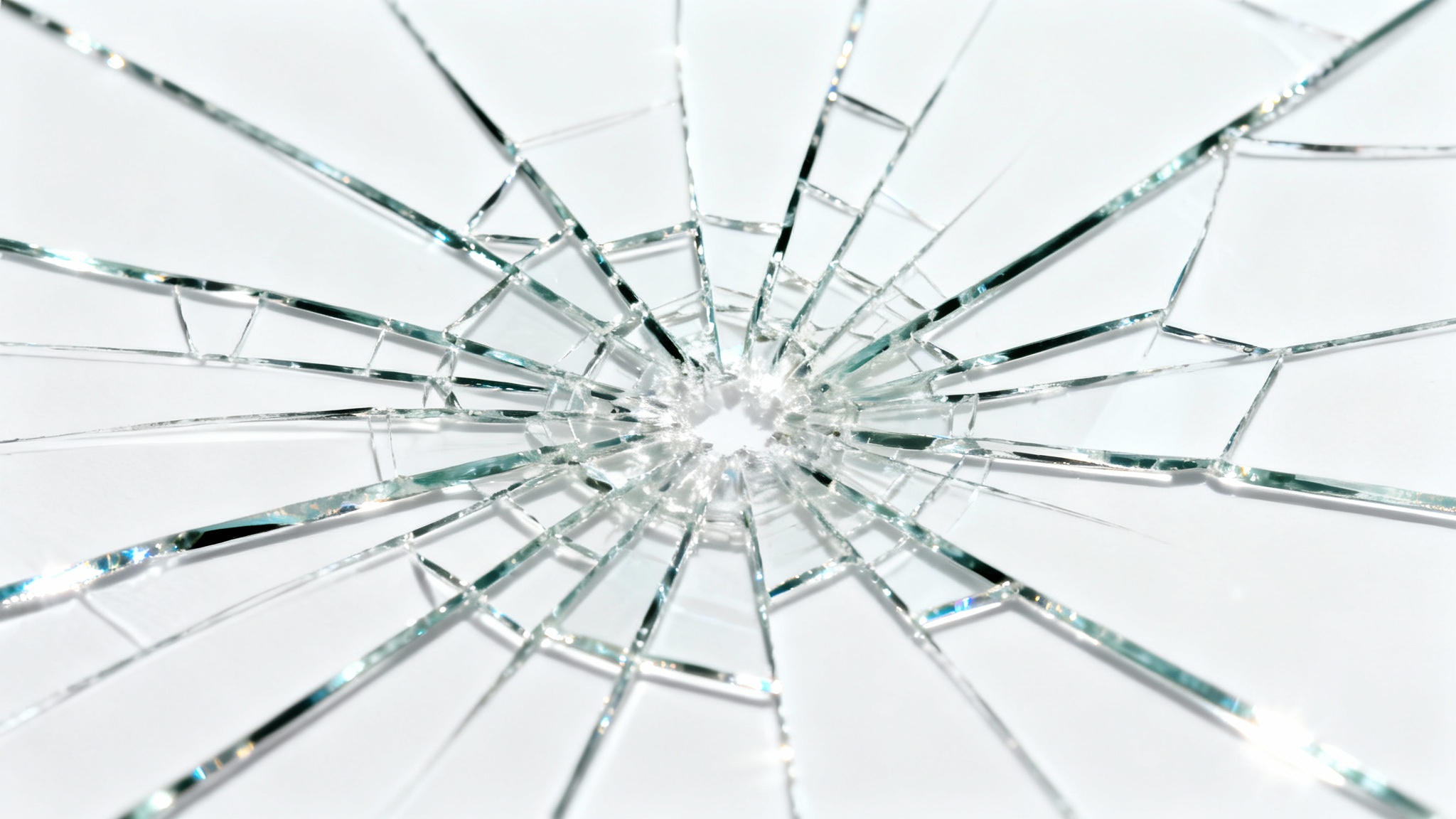 A photorealistic close-up of a sheet of glass with a shattered effect, showing a web of cracks spreading from a central point, set against a plain white background.
