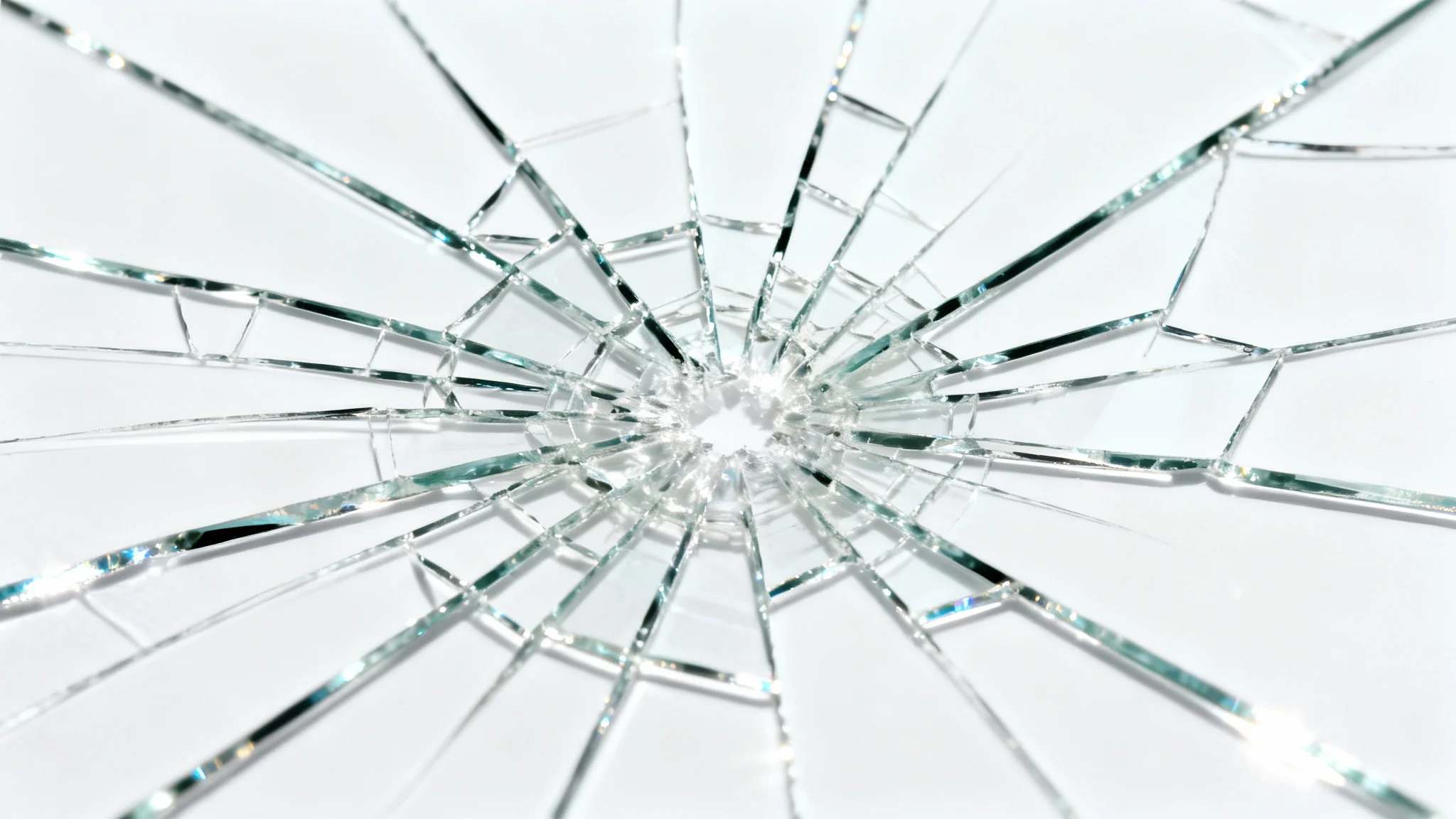 A photorealistic close-up of a sheet of glass with a shattered effect, showing a web of cracks spreading from a central point, set against a plain white background.