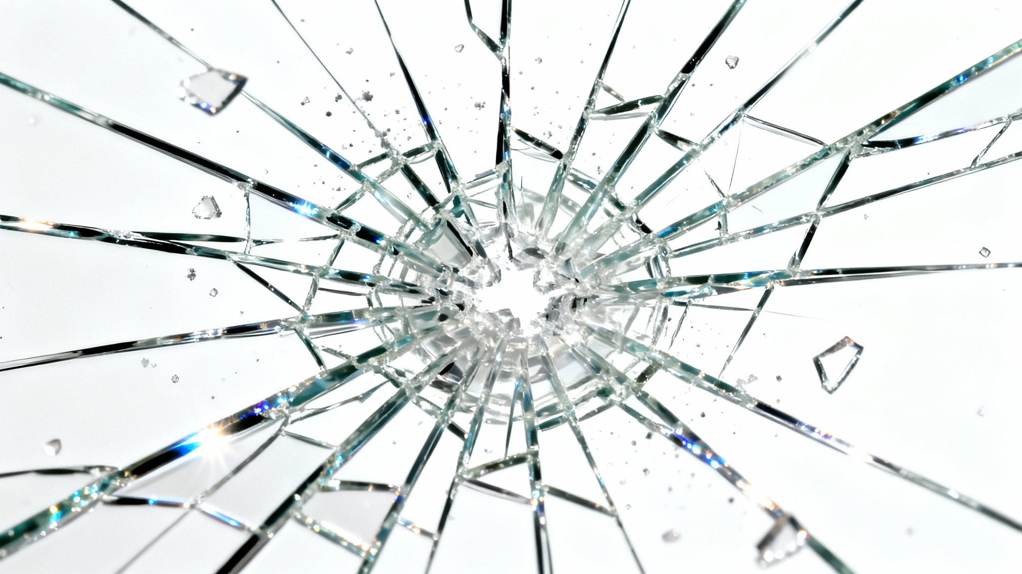 A realistic mockup of a shattered glass overlay effect, showing a spiderweb of cracks and sharp shards on a transparent surface against a clean white background.