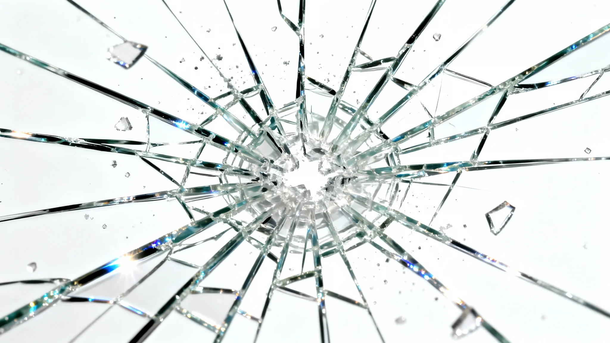 A realistic mockup of a shattered glass overlay effect, showing a spiderweb of cracks and sharp shards on a transparent surface against a clean white background.