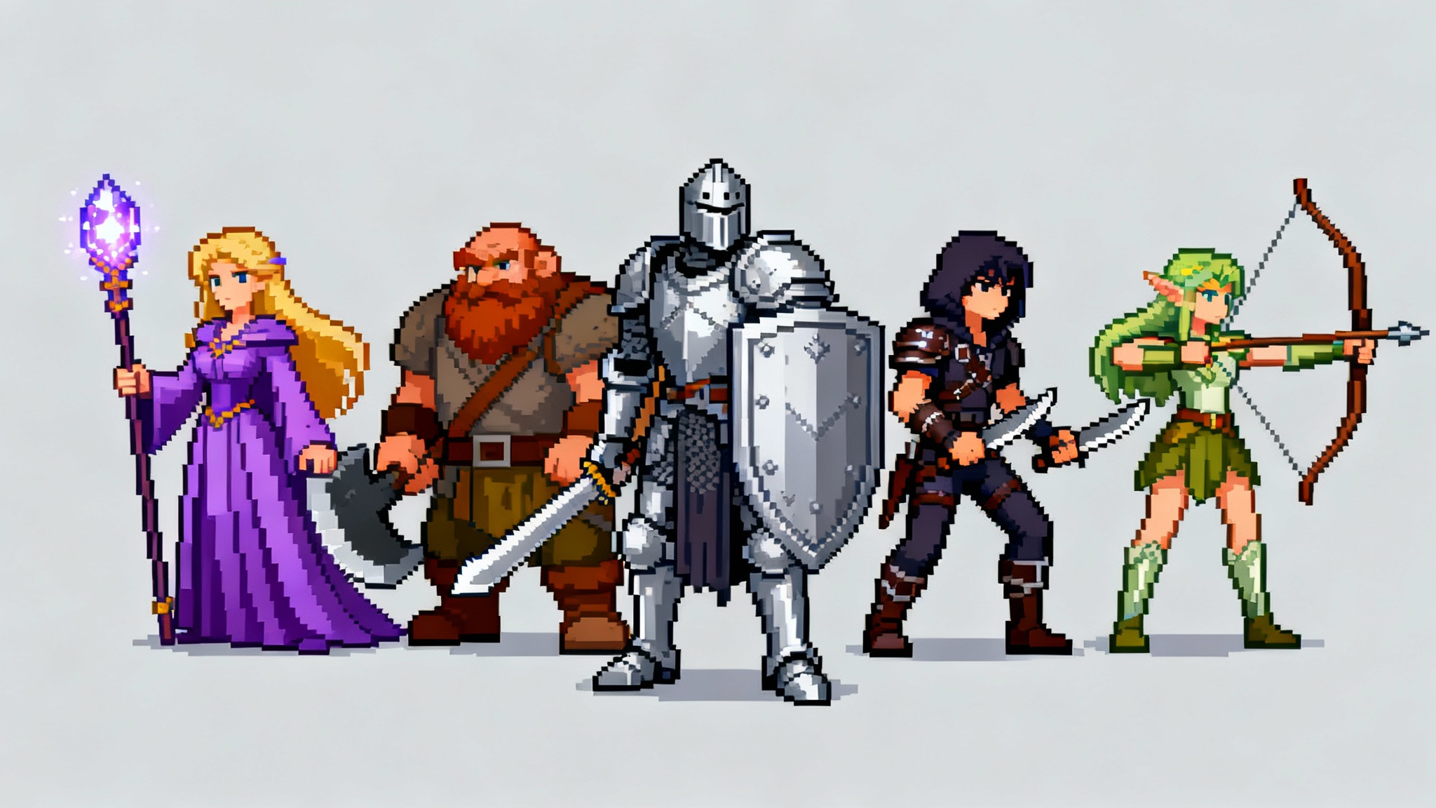 A lineup of five professionally designed pixel art RPG characters, including a knight, a mage, a rogue, a dwarf, and an archer, showcasing the final result of a character creation tool.