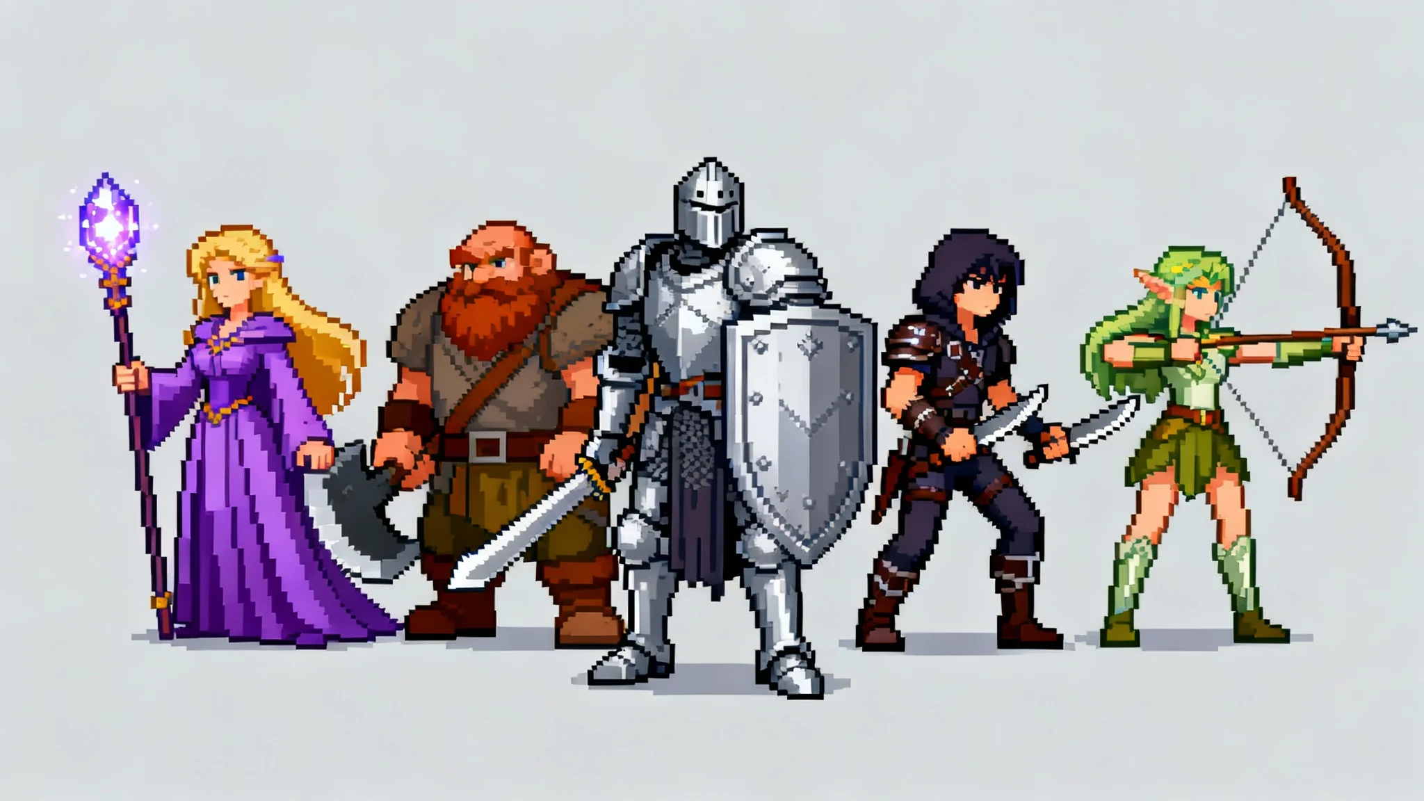 A lineup of five professionally designed pixel art RPG characters, including a knight, a mage, a rogue, a dwarf, and an archer, showcasing the final result of a character creation tool.