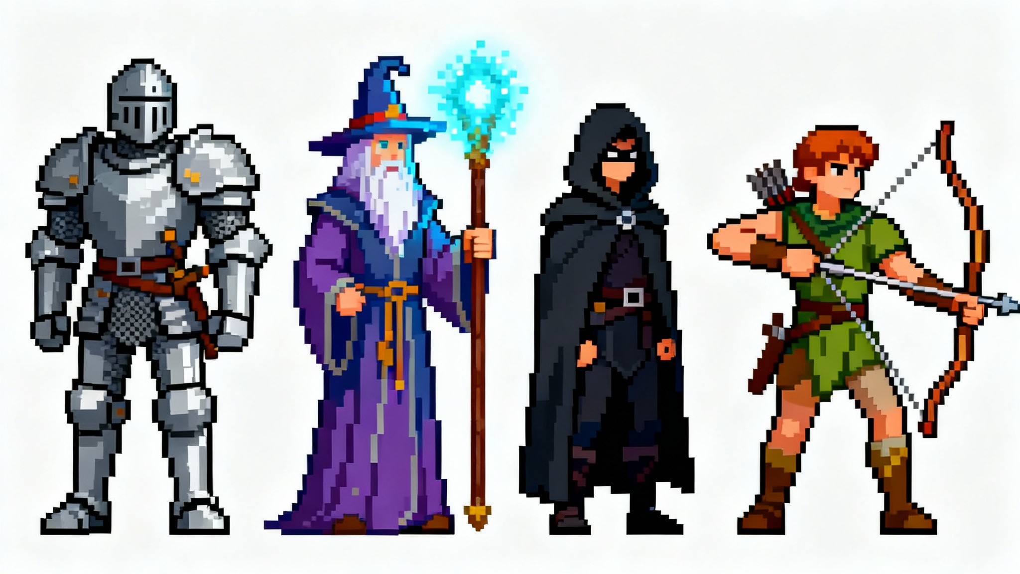 A lineup of four different pixel art RPG characters, including a knight, wizard, rogue, and archer, displayed on a white background.