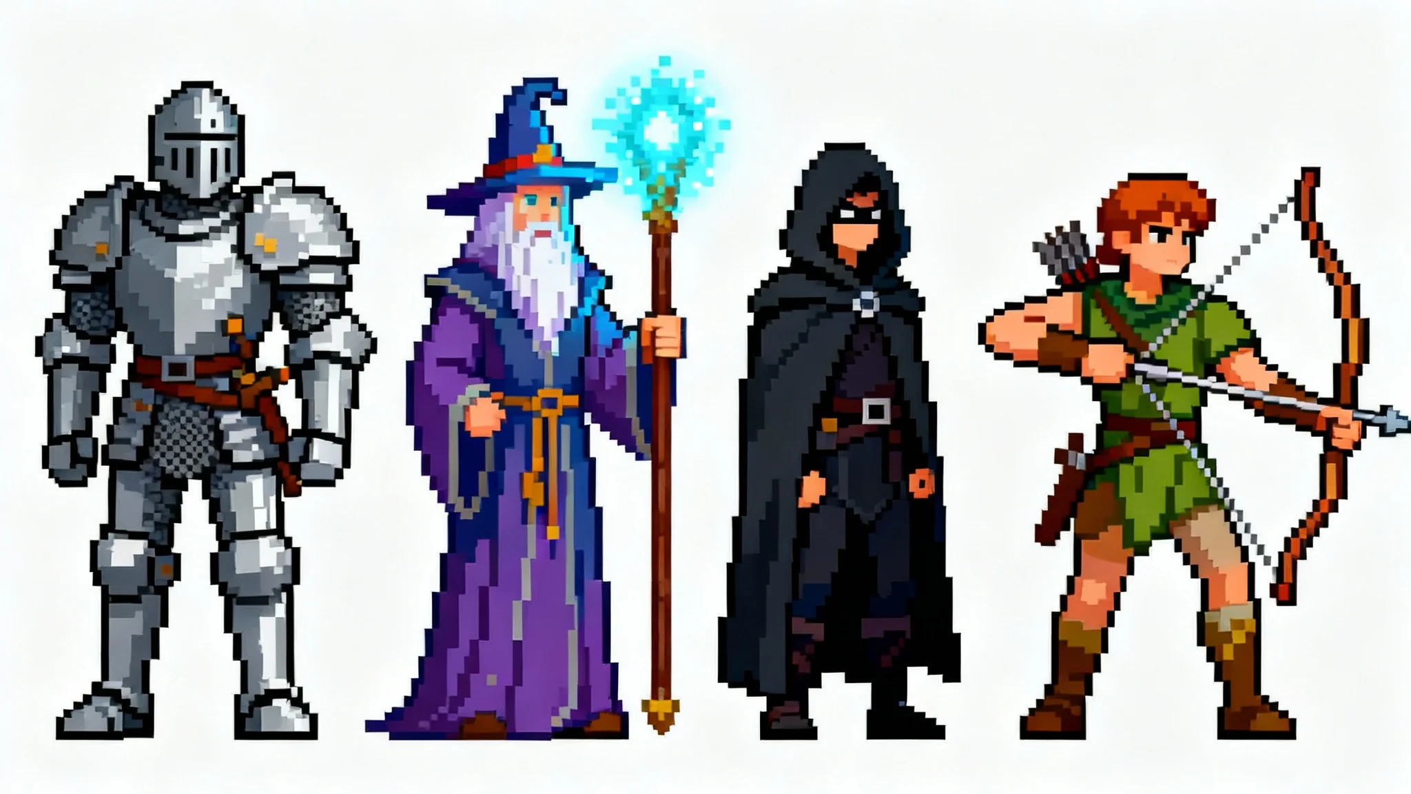 A lineup of four different pixel art RPG characters, including a knight, wizard, rogue, and archer, displayed on a white background.