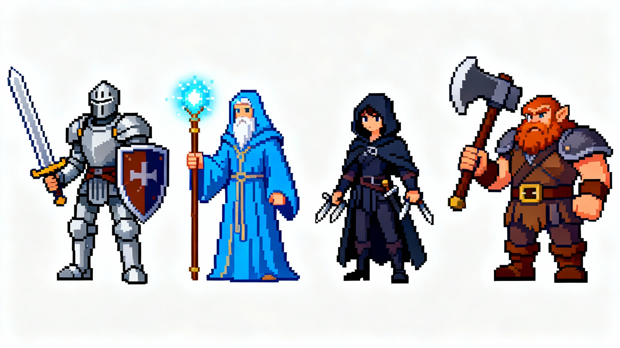 A spritesheet mockup of four 16-bit pixel art RPG characters on a white background, including a knight, a mage, a rogue, and a dwarf.