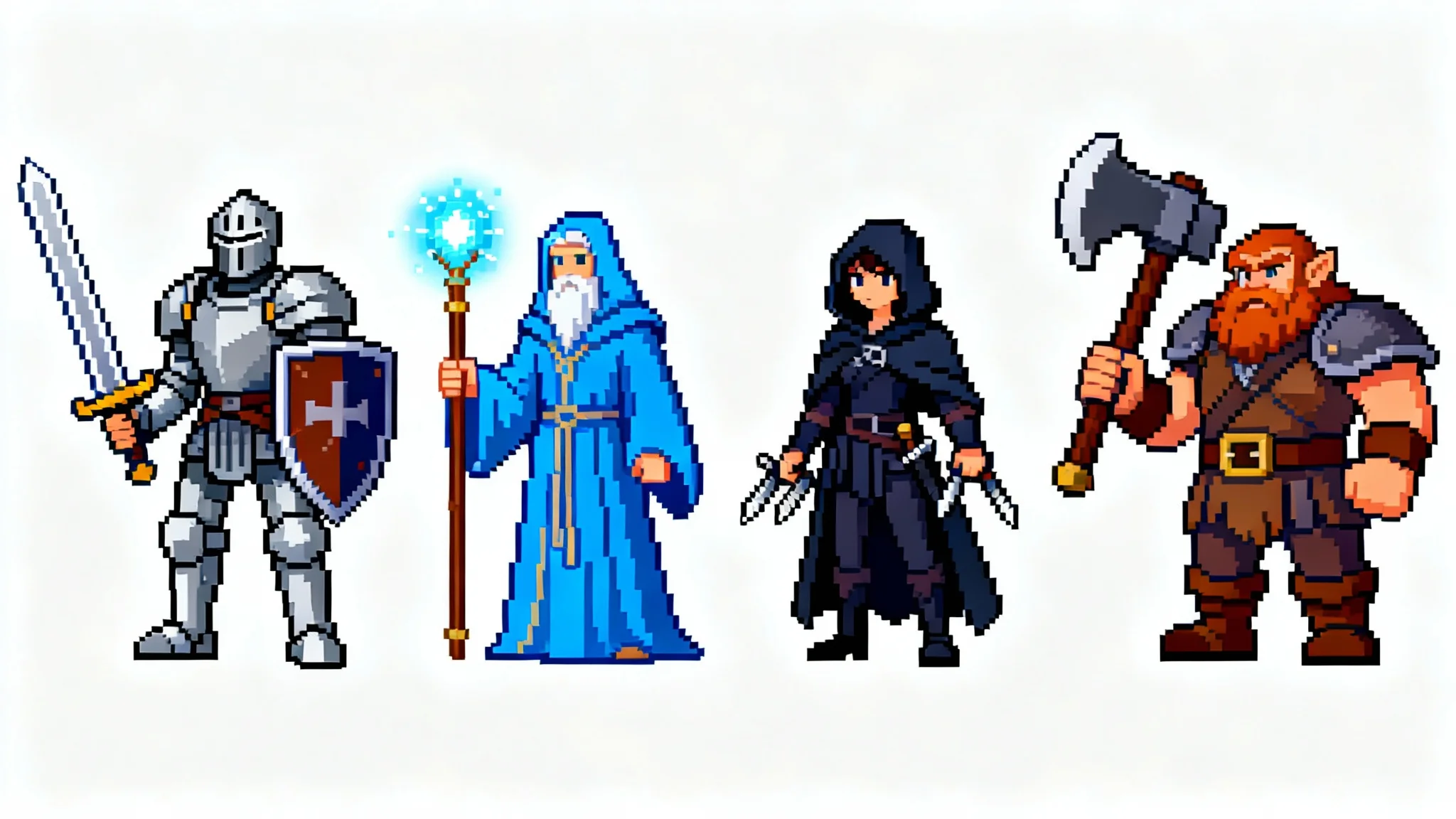 A spritesheet mockup of four 16-bit pixel art RPG characters on a white background, including a knight, a mage, a rogue, and a dwarf.