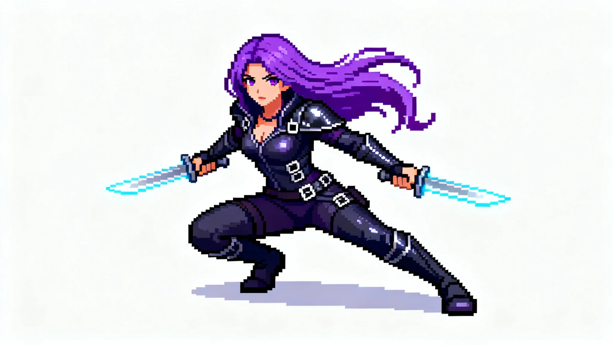 A 16-bit pixel art sprite of a female rogue with purple hair and leather armor, holding daggers, in the style of a classic RPG character.