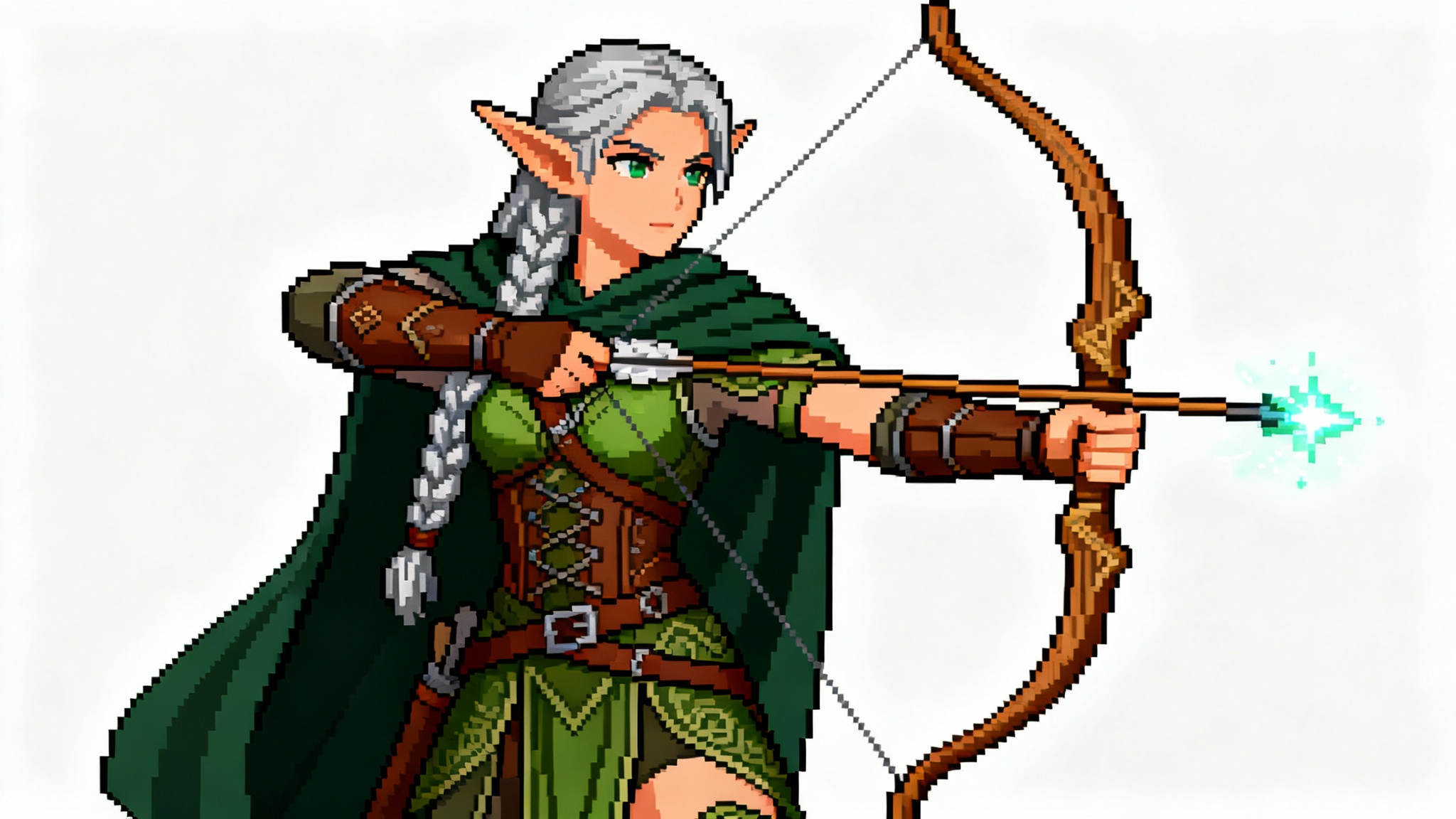 A detailed 16-bit pixel art depiction of a female elven archer holding a glowing bow, created to showcase an RPG pixel character generator.