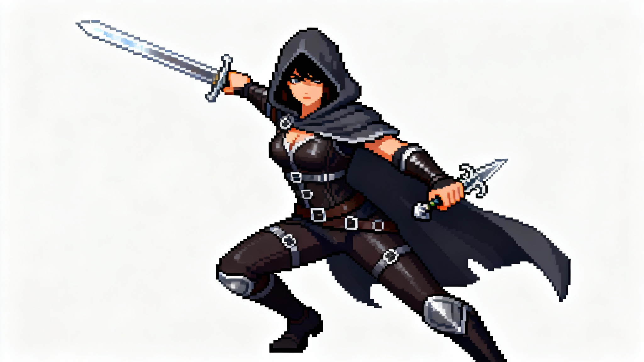 A 16-bit pixel art sprite of a female rogue RPG character with a sword and dagger, wearing a hooded cloak, isolated on a white background.