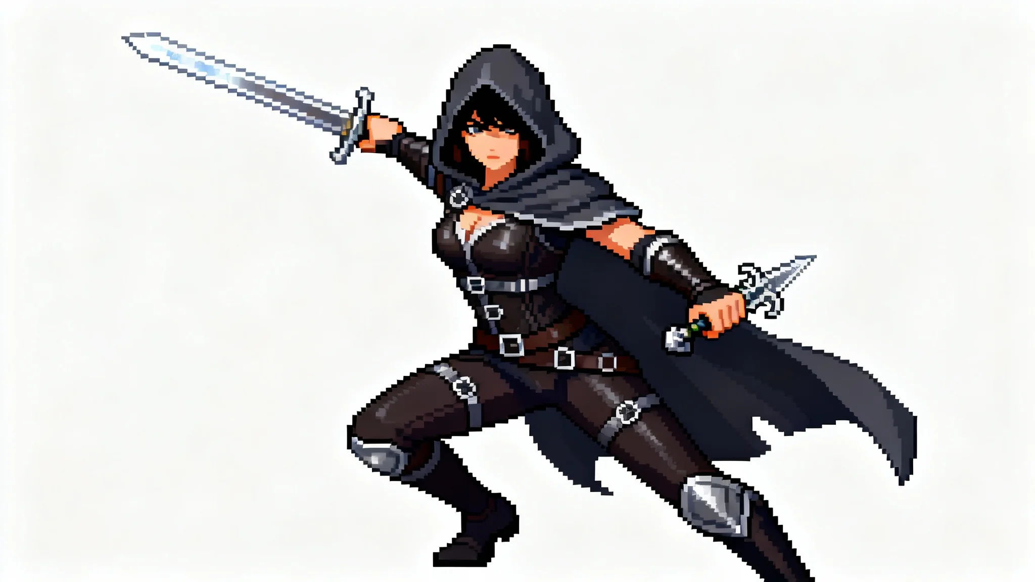 A 16-bit pixel art sprite of a female rogue RPG character with a sword and dagger, wearing a hooded cloak, isolated on a white background.