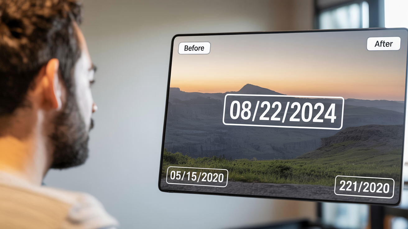 A side-by-side comparison showing the result of a photo date changing tool. The left image, labeled 'BEFORE', shows a scenic landscape with a date stamp of '05/15/2020'. The right image, labeled 'AFTER', shows the same photo with the date stamp changed to '08/22/2024'.