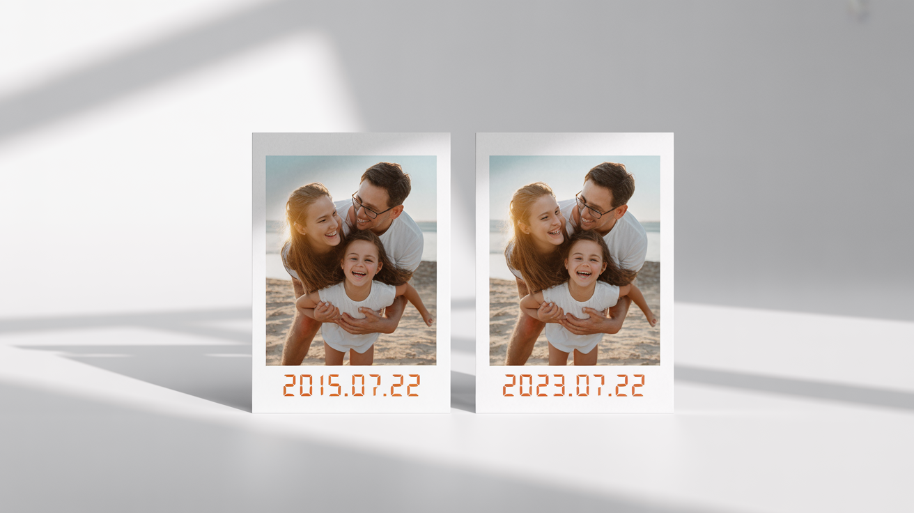 A before-and-after image demonstrating a date change on a photo. Two identical family beach photos are shown side-by-side; the first is dated 2015, and the second has been updated to 2023.
