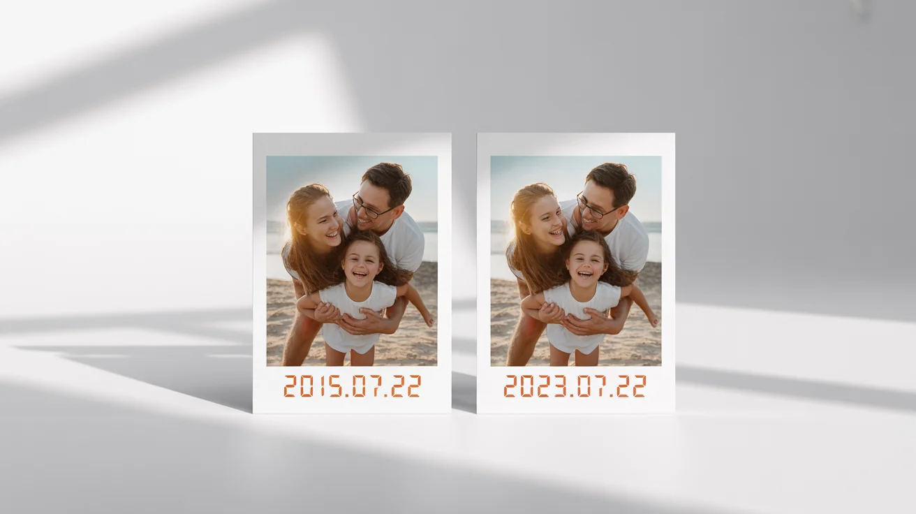A before-and-after image demonstrating a date change on a photo. Two identical family beach photos are shown side-by-side; the first is dated 2015, and the second has been updated to 2023.