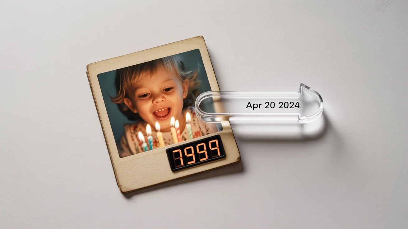 A vintage 90s photograph of a child's birthday on a white background. An arrow points from the old date stamp of 1994 to a new, modern date of 2024, illustrating the concept of changing a date on a photo.