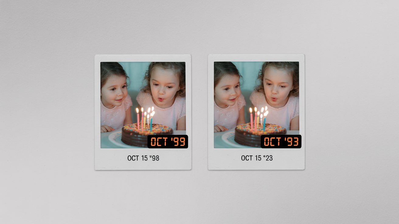 Two identical polaroid photos of a 90s birthday party. The left photo is dated 'OCT 15 ‘98' and the right photo is dated 'OCT 15 ‘23', illustrating a change of date on a photo.