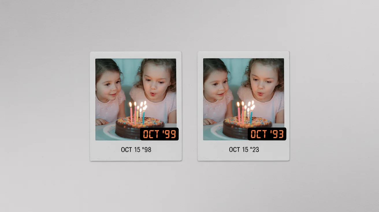 Two identical polaroid photos of a 90s birthday party. The left photo is dated 'OCT 15 ‘98' and the right photo is dated 'OCT 15 ‘23', illustrating a change of date on a photo.