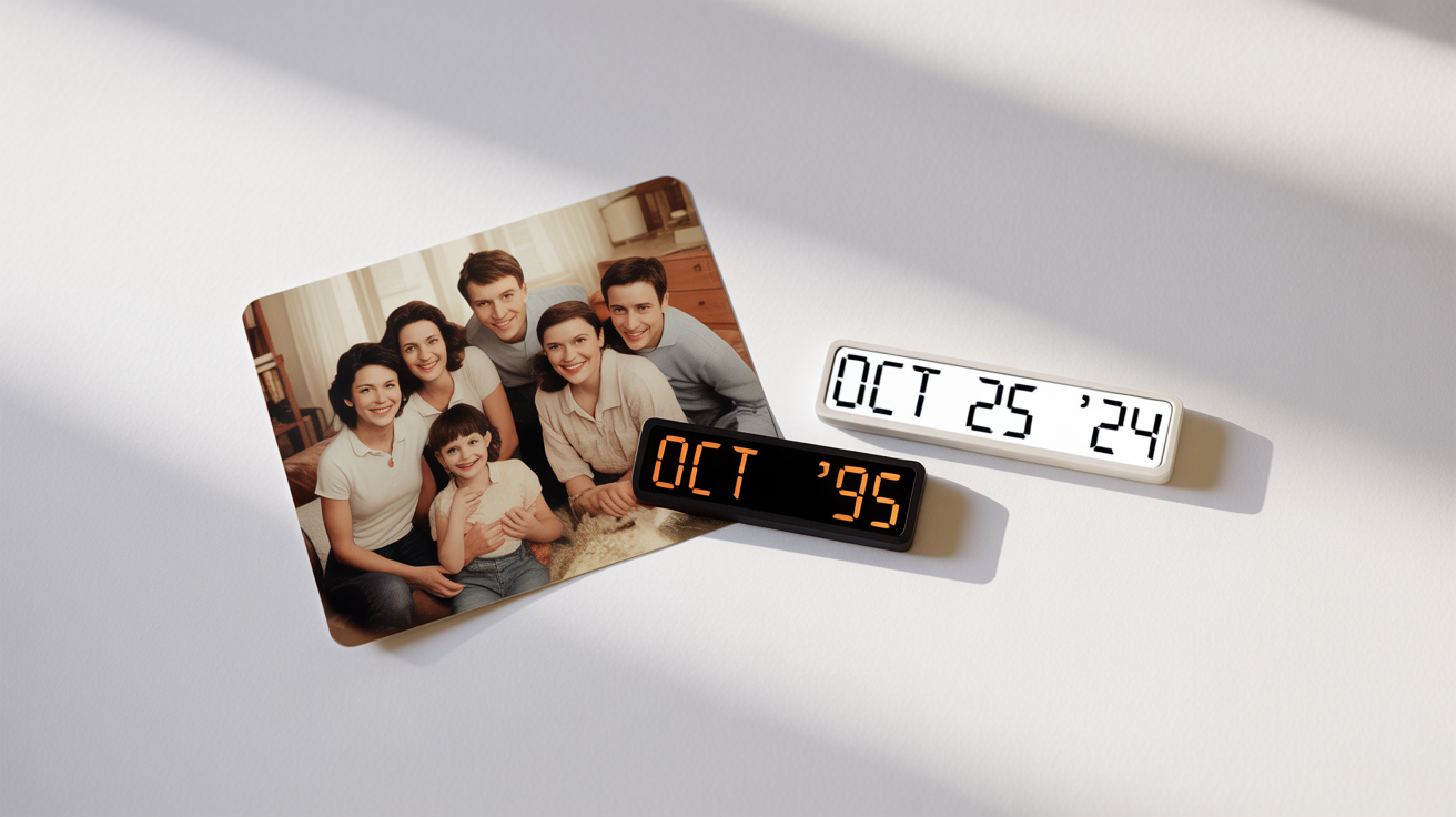 A conceptual image showing a vintage photograph with a 1995 date stamp. A modern cursor points to the old date as a new 2024 date stamp appears next to it, symbolizing the ability to change the date on a photo.