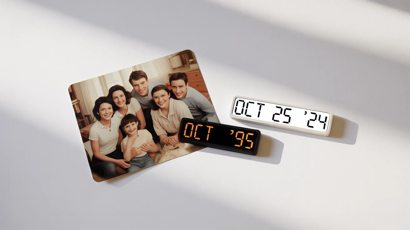 A conceptual image showing a vintage photograph with a 1995 date stamp. A modern cursor points to the old date as a new 2024 date stamp appears next to it, symbolizing the ability to change the date on a photo.