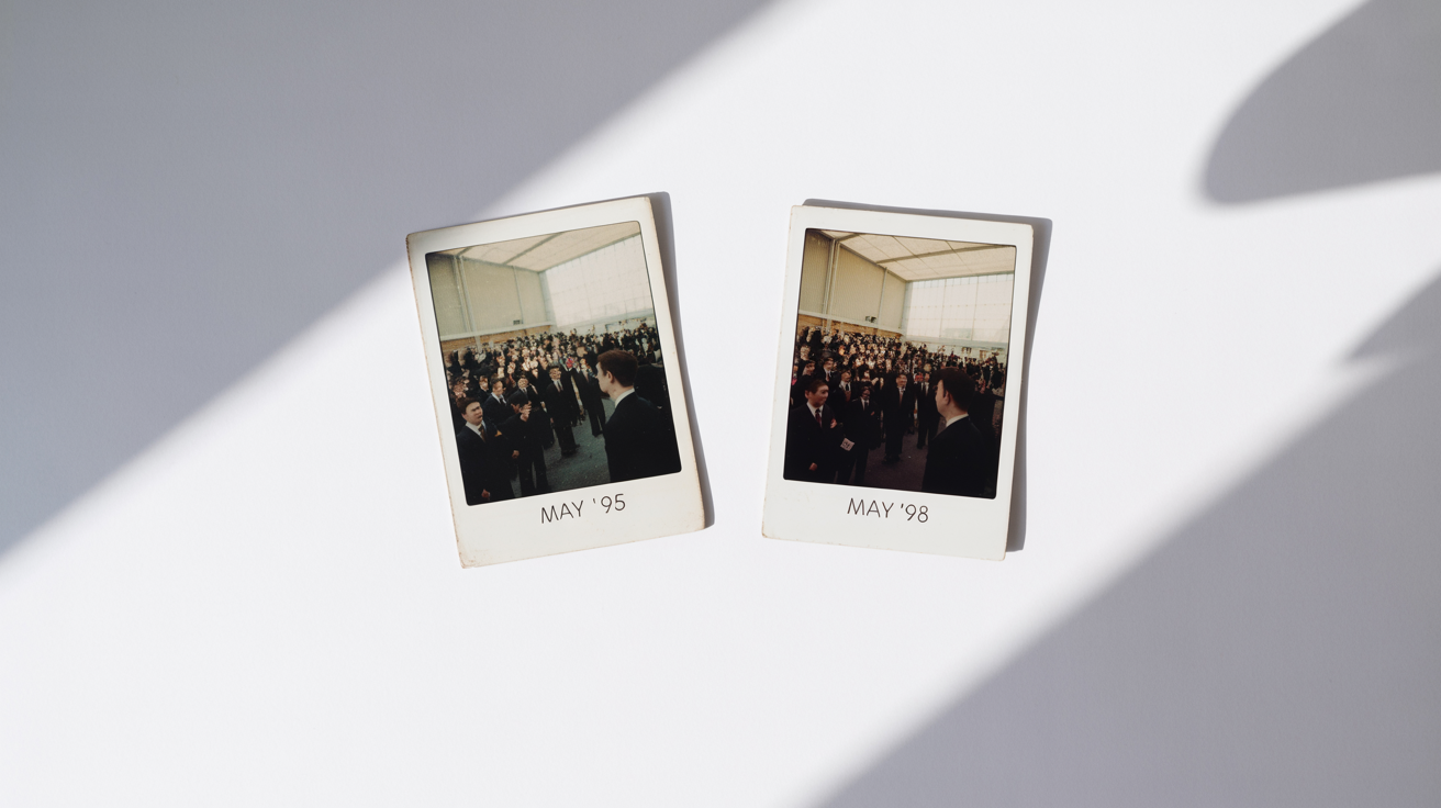 Two identical vintage graduation photos on a white background. The photo on the left is dated 1995, while the photo on the right is dated 1998, visually representing a date change.