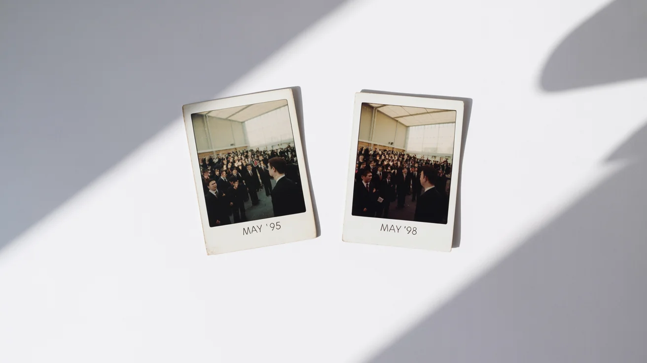 Two identical vintage graduation photos on a white background. The photo on the left is dated 1995, while the photo on the right is dated 1998, visually representing a date change.