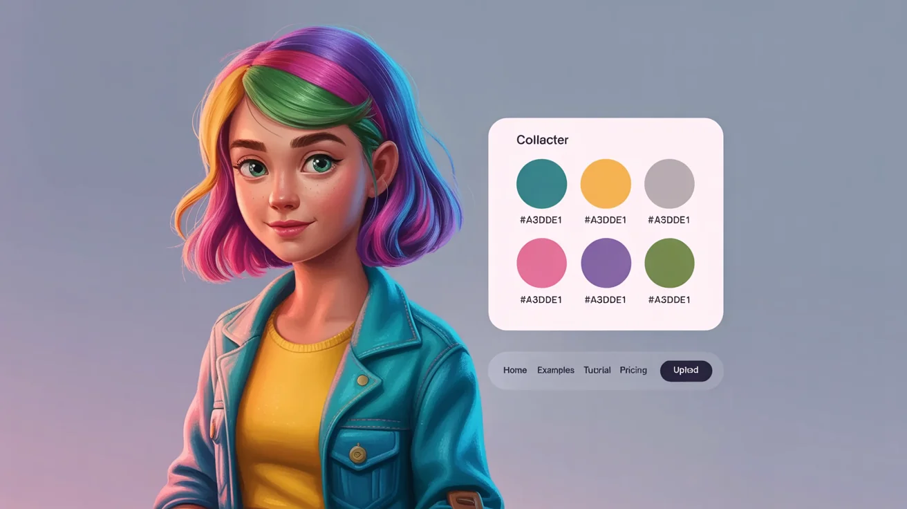 An image demonstrating a character palette tool. On the left is a colorful illustration of a woman; on the right is a generated color palette with swatches of teal, yellow, pink, and green taken from the character, each with a hex code.