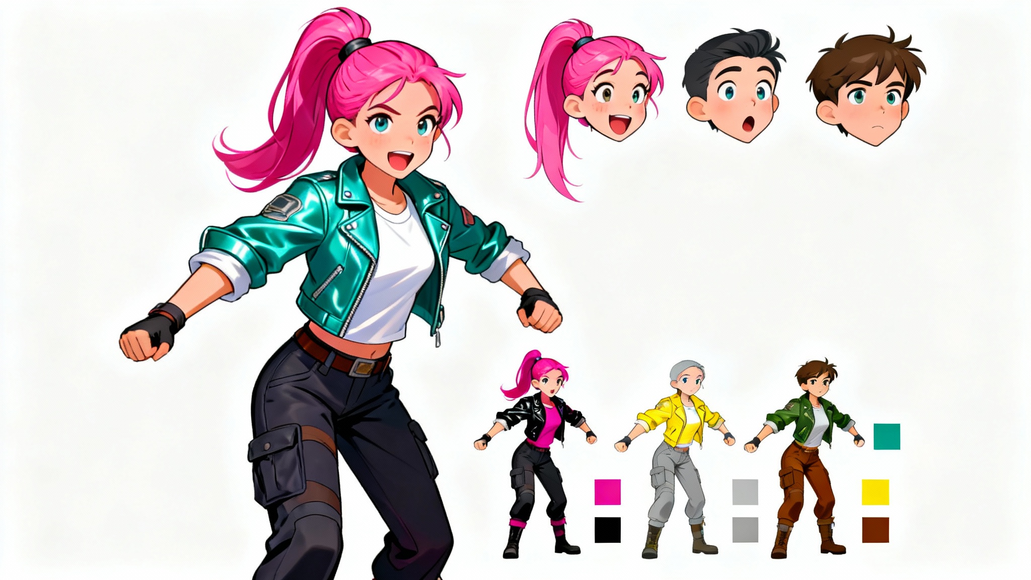 A digital painting of a character design sheet for a female adventurer with pink hair. The main image is surrounded by smaller variations showing different facial expressions and alternate color palettes for her outfit, all on a clean white background.